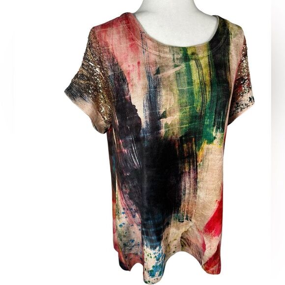 Top Ligne Tan & Red Watercolor Sequin Short Sleeve Knit Top - Picture 2 of 7